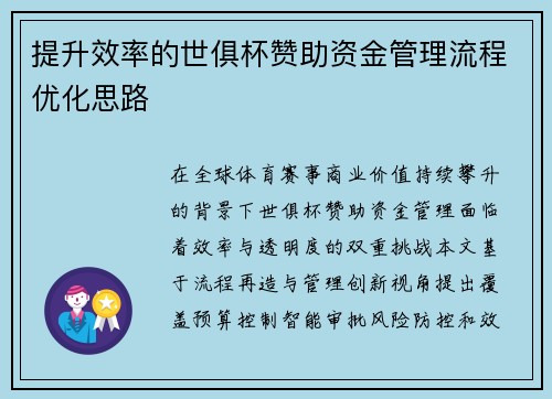 提升效率的世俱杯赞助资金管理流程优化思路